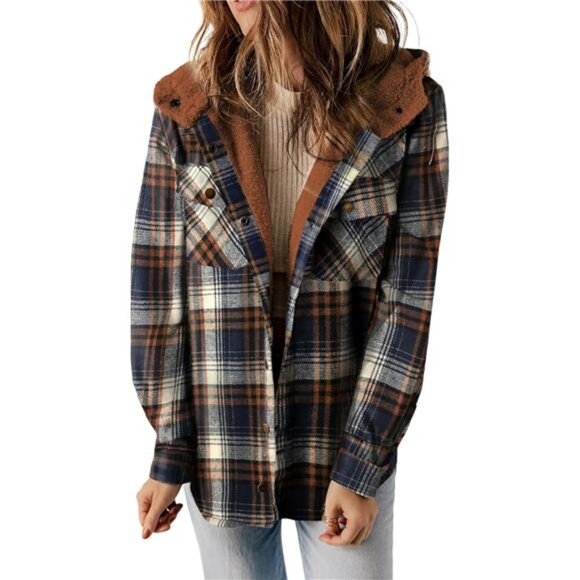Womens Plaid Shacket Jacket Long Sleeve Button Down Fleece Hooded - Picture 1 of 7